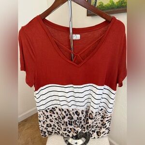 Maurices 24/7 Burnt Orange and White Striped Leopard Print Tee